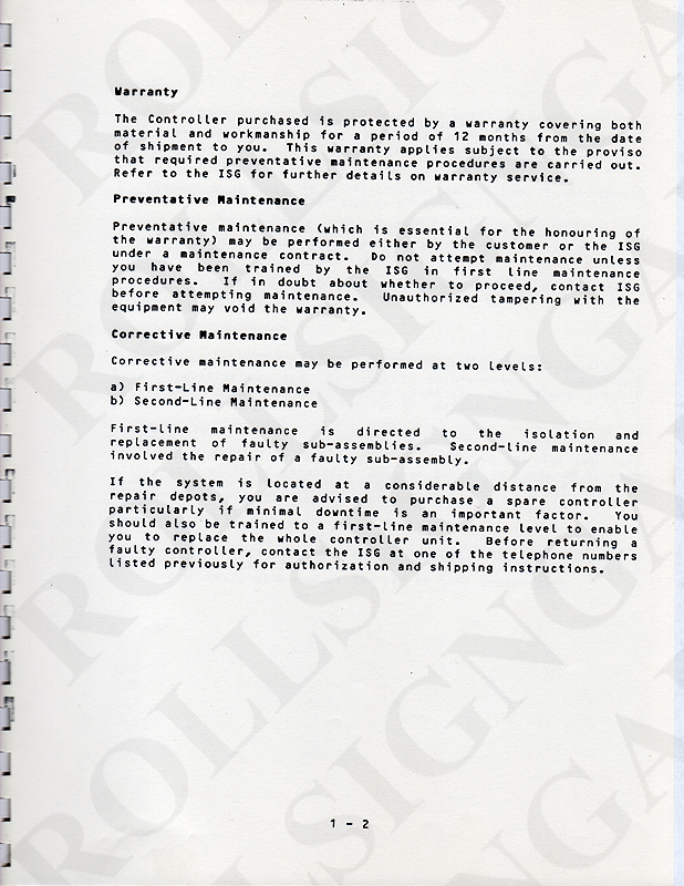 Page 1-2 - Warranty, Preventative Maintenace, Corrective Maintenance. (Click / tap the X to close.)