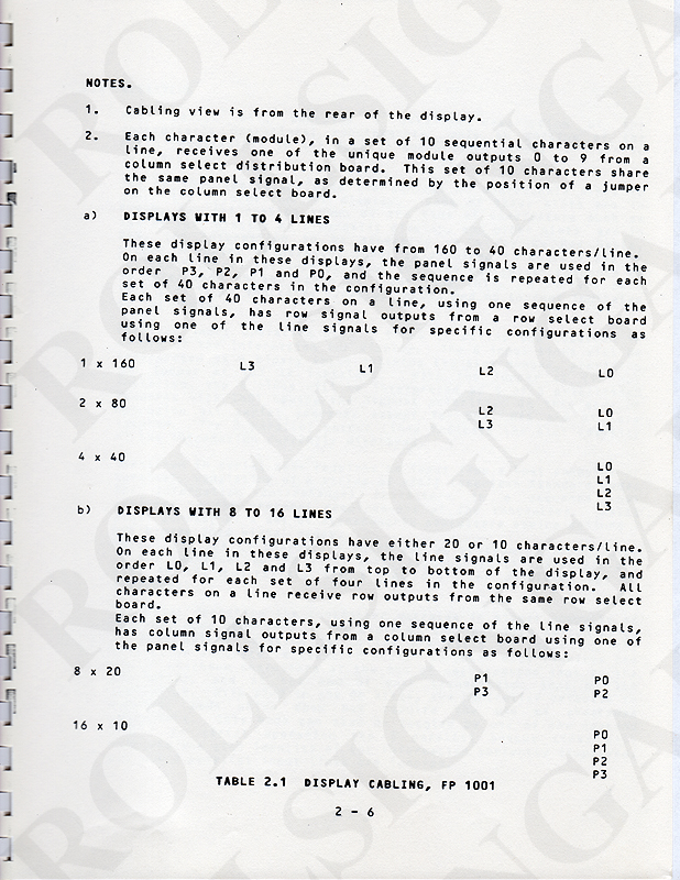 Page 2-6 - Table 2.1, Display Cabling to the Sign Panels. (Click / tap the X to close.)