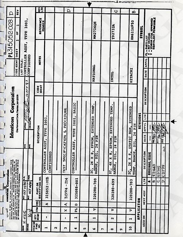 Parts List: Controller Assy., Type 1001, Configured. 315052-028 Rev. D. (Click / tap the X to close.)