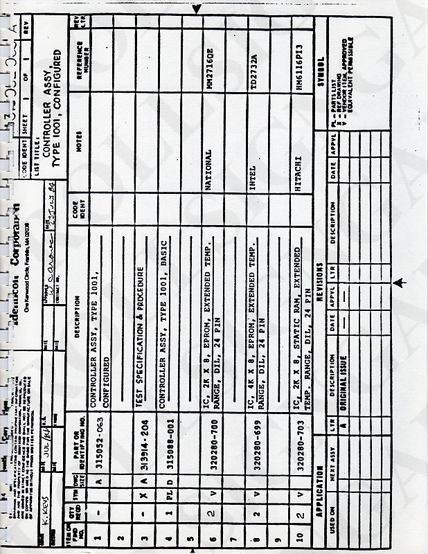 Parts List: Controller Assy., Type 1001, Configured. 315052-035 Rev. A. (Click / tap the X to close.)