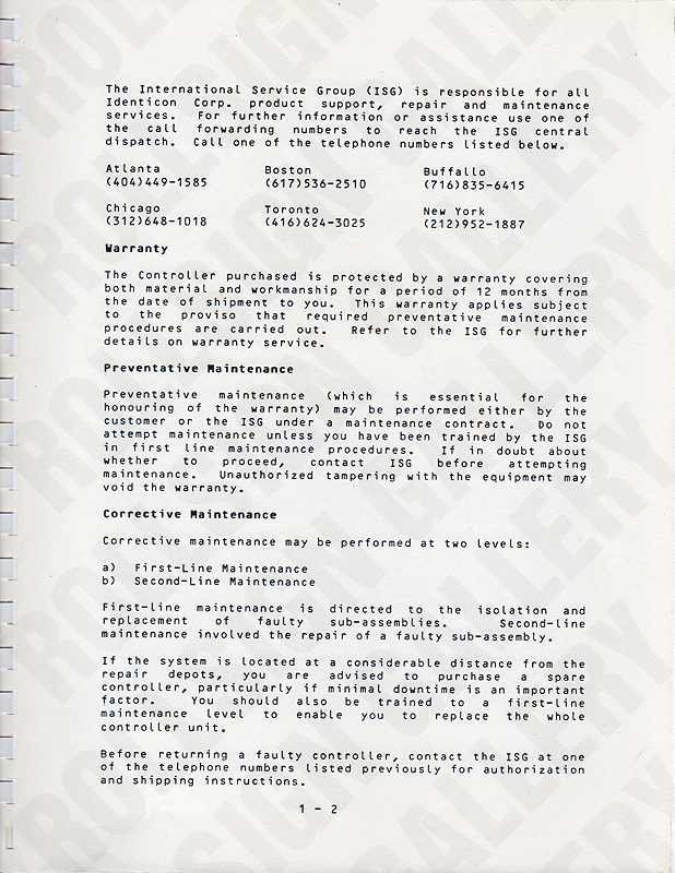 Page 1-2 - Warranty, Preventative Maintenace, Corrective Maintenance. (Click / tap the X to close.)