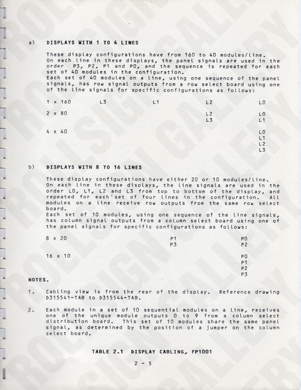 Page 2-5 - Table 2.1, Display Cabling, FP1001. (Click / tap the X to close.)