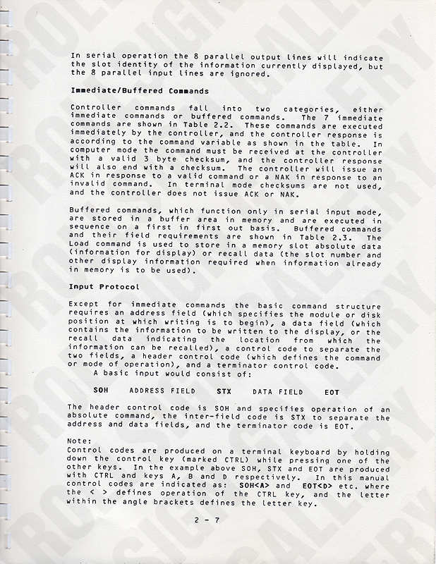 Page 2-7 - Operation, Part 2: Immediate / Buffered Commands, Input Protocol. (Click / tap the X to close.)