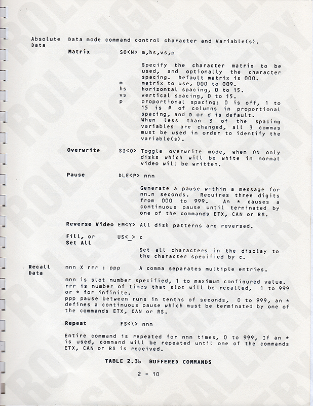 Page 2-10 - Table 2.3b, Buffered Commands, Part 2. (Click / tap the X to close.)