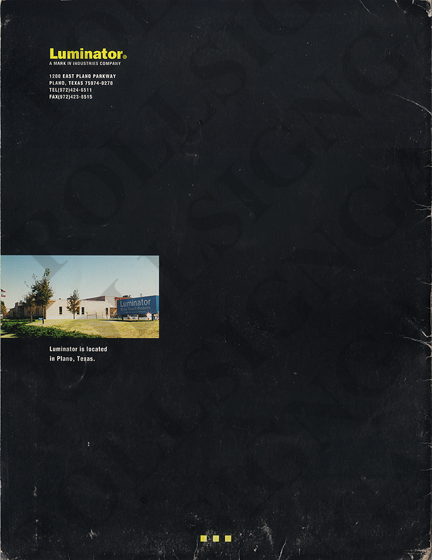 Mid 1990s Luminator Brochure Folder - Outside Back. (Click / tap the X to close.)