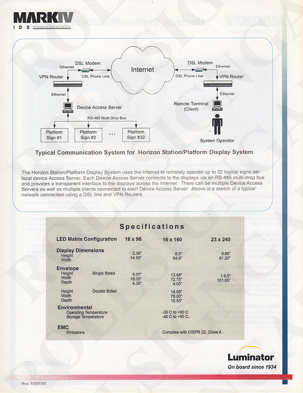 October 7, 2003 Luminator Mark IV LED Platform Signs brochure - Back. (Click / tap the X to close.)