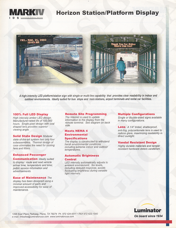 October 7, 2003 Luminator Mark IV LED Platform Signs brochure - Front. (Click / tap the X to close.)