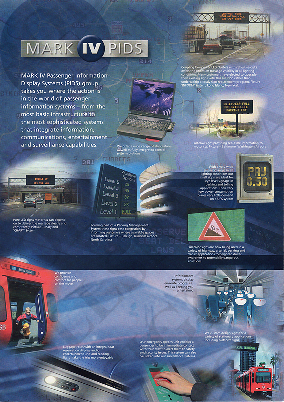 Mark IV Passenger Information Display Systems, four panel brochure - Inside Front. (Click / tap the X to close.)