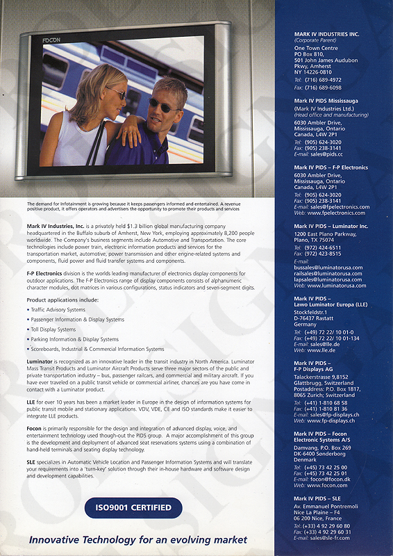 Mark IV Passenger Information Display Systems, four panel brochure - Outside Back. (Click / tap the X to close.)
