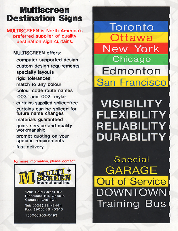 Multiscreen Destination Signs stand-alone brochure printed on the same mylar as the signs. Older -<br>One sided. (Click / tap the X to close.)