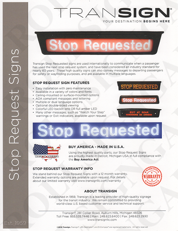 Transign Stop Request Signs brochure - Single Sided. (Click / tap the X to close.)